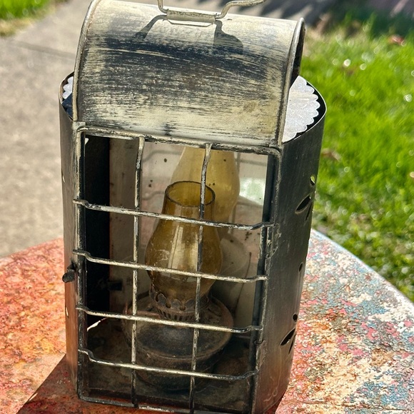 Vintage Punched Metal Lantern with Mini Oil Lamp